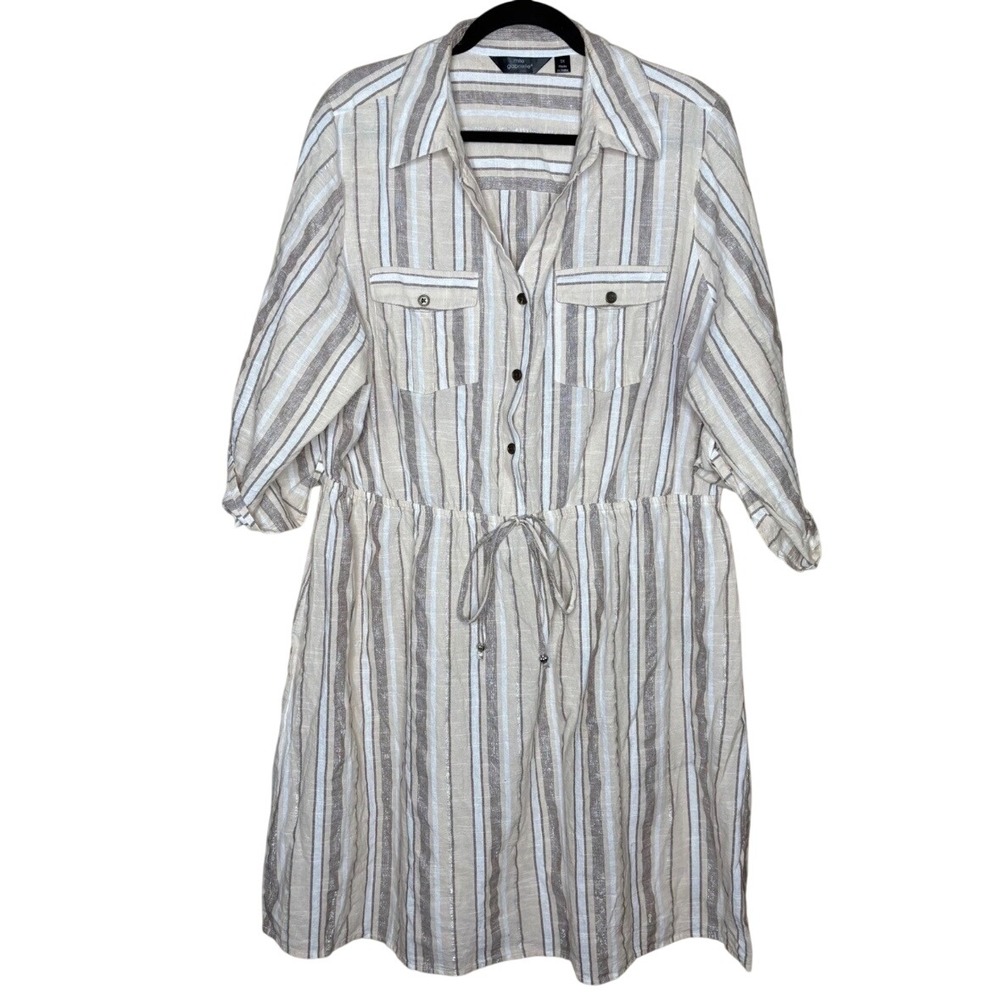 Mlle Gabrielle Striped Cotton Shirt Dress Drawstring Waist Metallic Beige 2X